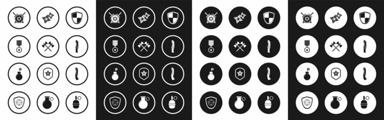 Set Shield, Crossed medieval axes, Military reward medal, Wooden shield with crossed swords, knife, Japanese ninja shuriken, and Bomb ready to explode icon. Vector © Oksana