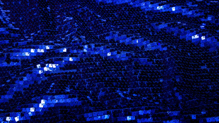 Fabric with sequins as a background. Glitter texture. Sparkling color blue