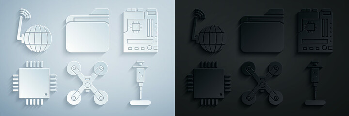 Set Drone flying, Motherboard, Processor with microcircuits CPU, Syringe, Document folder and Social network icon. Vector