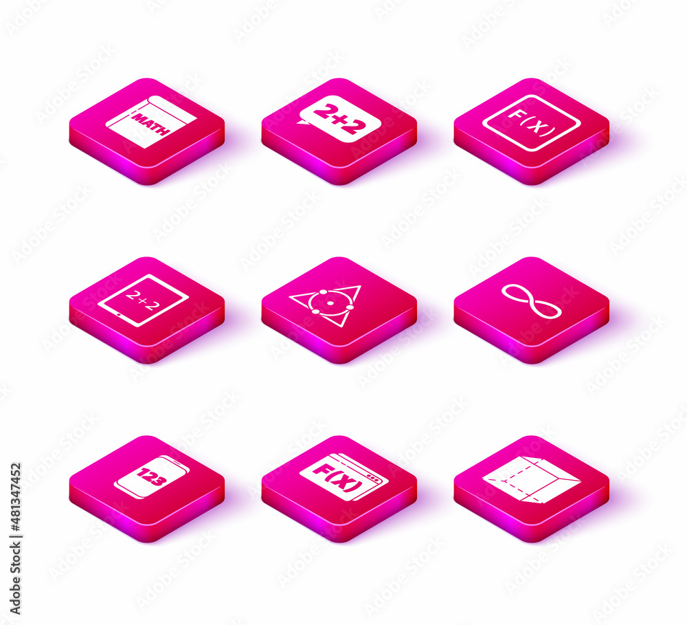 Poster set mobile calculator interface, function mathematical symbol, tablet with, triangle, geometric figu
