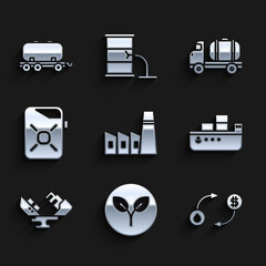 Set Oil industrial factory building, Bio fuel, exchange, tanker ship, Wrecked oil, Canister for motor, Tanker truck and railway cistern icon. Vector