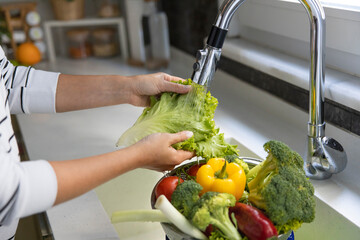 Woman washing vegetables on kitchen counter.