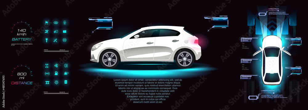 Poster car user interface hud, gui, ui. dashboard with car and settings. virtual graphical interface. smart