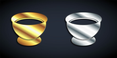 Gold and silver Soy sauce in bowl icon isolated on black background. Long shadow style. Vector