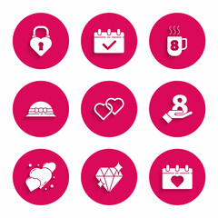 Set Two Linked Hearts, Diamond, Calendar with 8 March, hand, Elegant women hat, Coffee cup and Castle the shape heart icon. Vector