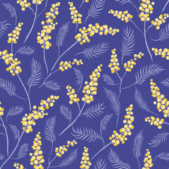 Mimosa yellow flower branches on Very Peri background hand drawn vector seamless pattern. Vintage Romantic Spring Garden Bloom background. Retro floral print for Easter spring design