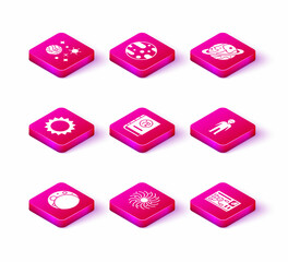 Fototapeta premium Set Moon, Black hole, Sun, Book by astronomy, Futuristic hud interface, Alien, Planet Saturn and Mars icon. Vector