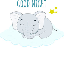 Cute cartoon elephant sleeping on the cloud. Elephant on a white background. Vector illustration