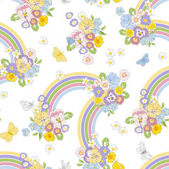 Fototapeta na wymiar Variety Spring Garden flower Butterfly and rainbow hand drawn vector seamless pattern. Vintage Romantic Liberty inspired Petite floral ditsy groovy print. Bloomy calico background for fashion fabric 