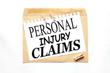 PERSONAL INJURY CLAIMS. text on white paper on envelope
