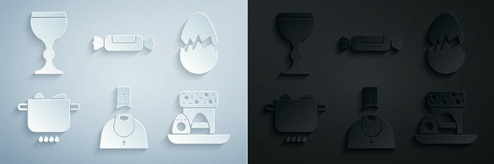 Set Priest, Broken egg, Egg in hot pot, Easter cake and eggs, Candy and Wine glass icon. Vector