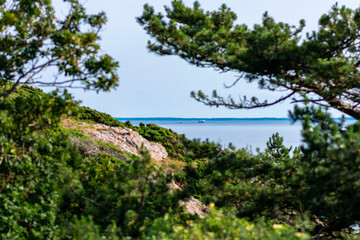 Cliff of Kullaberg mountain on the west coast of Sweden. Klippa på Kullaberg. Baltic sea in the distance behind the dramatic rocks. Sunshine on a warm summer day. Two container ships framed by trees