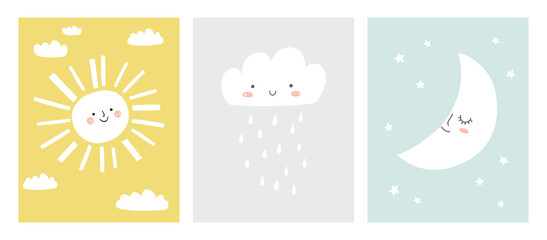 Cute sun, cloud and moon baby cards, nursery posters, baby shower invitations. Scandinavian vector illustration for prints, cards, apparel.