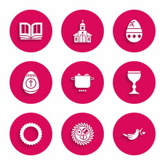 Set Egg in hot pot, Easter egg a wicker nest, Peace dove with olive branch, Wine glass, Sun, Cracked and Holy bible book icon. Vector