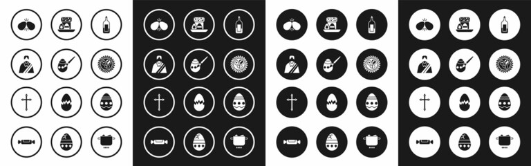 Set Bottle of wine, Easter egg and paint brush, Jesus Christ, eggs, wicker nest, cake, and Christian cross icon. Vector