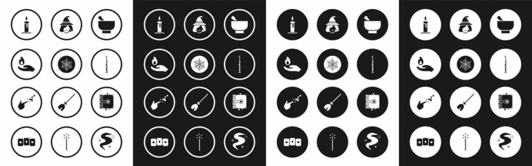 Set Magic mortar and pestle, Spider web, Hand holding fire, Burning candle candlestick, wand, Witch, Ancient magic book and Spell icon. Vector