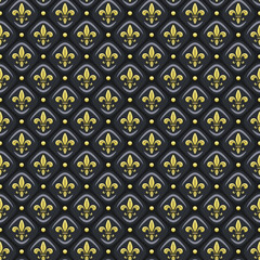 Seamless pattern with black leather upholstery, golden fleur de lis. Vector background.