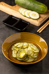 Sunomono. Plate with Japanese cucumber salad.