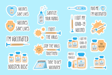 Vaccination against covid-19. Doodle stickers. Vector hand drawn illustration for print or web design.Vaccine for coronavirus, injection. I`m vaccinated, fight the virus, time to get vaccinated