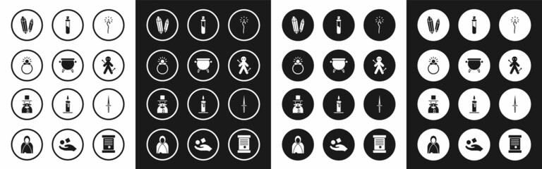 Set Magic staff, Witch cauldron, stone ring with gem, Voodoo doll, Bottle love potion, Dagger and Magician icon. Vector