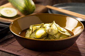 Sunomono. Plate with Japanese cucumber salad.