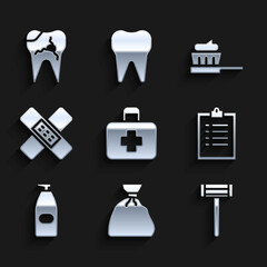 Set First aid kit, Garbage bag, Shaving razor, Clipboard with checklist, Bottle of liquid antibacterial soap, Crossed bandage plaster, Toothbrush toothpaste and Broken icon. Vector