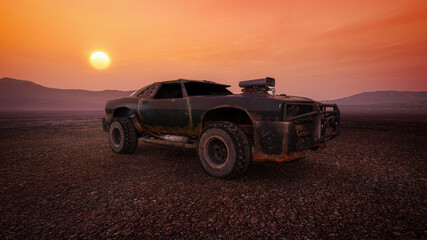 Dirty rusty muscle car in a fantasy future desert wasteland landscape at sunset. Post apocalypse concept 3D rendering. - obrazy, fototapety, plakaty