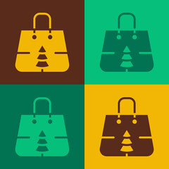 Pop art Christmas paper shopping bag with snowflake icon isolated on color background. Package sign. Merry Christmas and Happy New Year. Vector