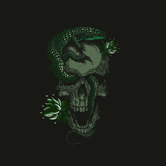 vector illustration of a green lizard perched on a skull