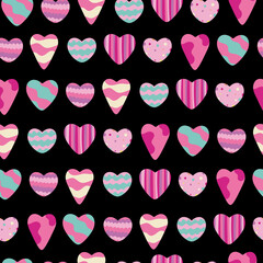 Valentine's Day seamless pattern. Cute elements about love and romance on black background - pastel colored hearts. For wrapping paper, cards, backgrounds, postcards, congratulations 