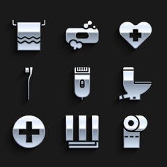 Set Electrical hair clipper or shaver, Towel stack, Toilet paper roll, bowl, Cross hospital medical, Toothbrush, Heart with cross and on hanger icon. Vector