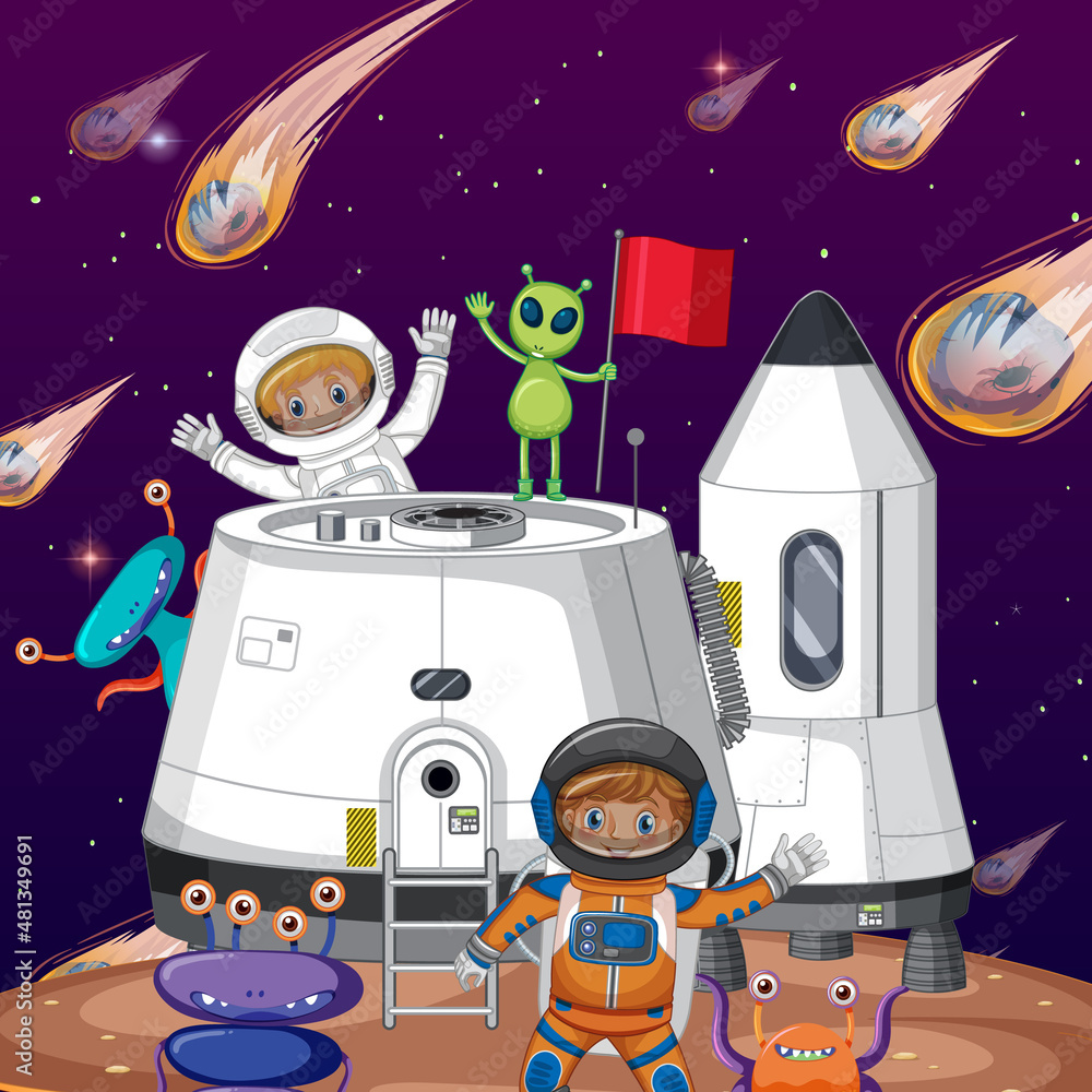 Wall mural outer space planet with astronauts and comets