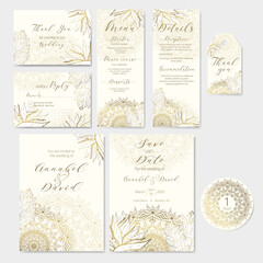 Big set of luxury wedding invitation templates with beautiful tropical flowers and mandala. Golden outline on a light background.