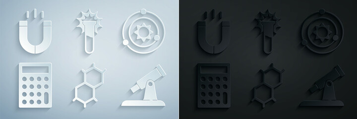 Set Chemical formula, Solar system, Calculator, Telescope, Test tube and flask and Magnet icon. Vector © Oksana