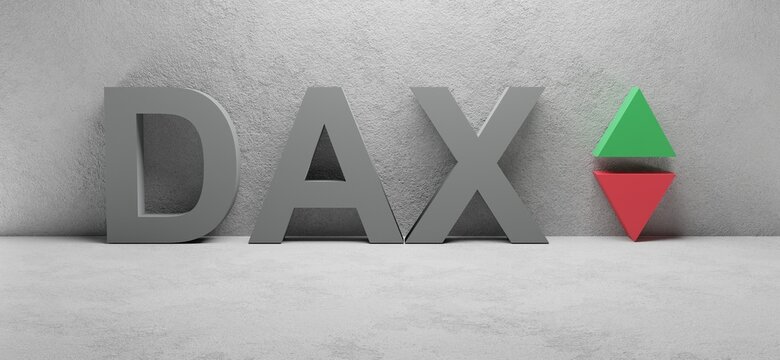 cgi render illustration of the gray word DAX infront of a white concrete wall, up and down arrows

