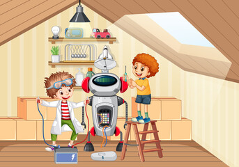 Children fixing a robot together in the room scene