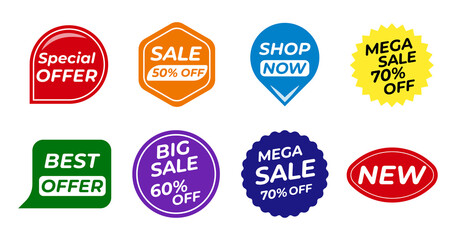 Set of sale badges. Sael tags and labels. Shopping badges. Special offer, new, mega sale, best offer, new, sale, discount, shop now. Vector illustration.