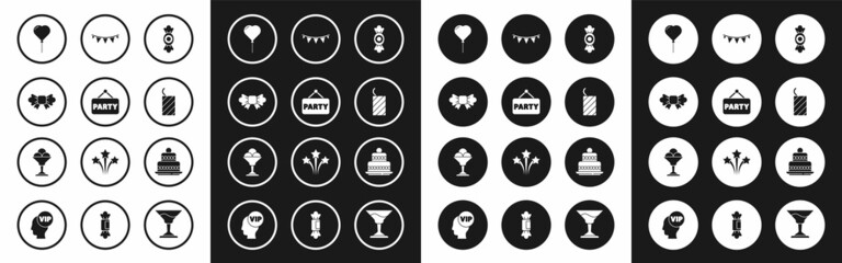 Set Candy, Signboard party, Bow tie, Balloon in form of heart, Firework rocket, Carnival garland with flags, Cake and Ice cream bowl icon. Vector