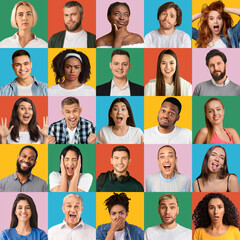 Collage of multiracial people expressing different emotions on bright backgrounds. Diverse society concept