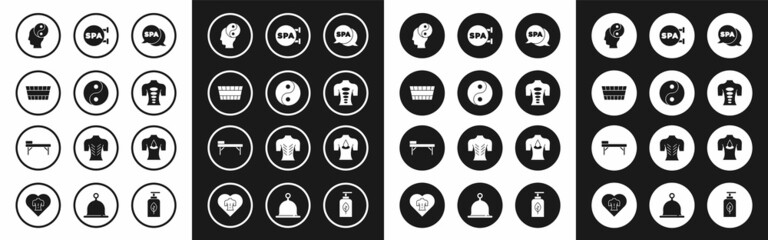 Set Spa salon, Yin Yang, Sauna bucket, Massage stone therapy, with aroma oils and table icon. Vector