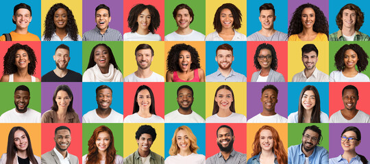 Obraz na płótnie Canvas Mosaic of positive happy multiracial millennials portraits on different colorful studio backgrounds