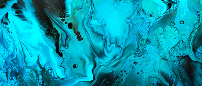Fluid Art. Blue abstract wave swirls on black banner. Marble effect background or texture