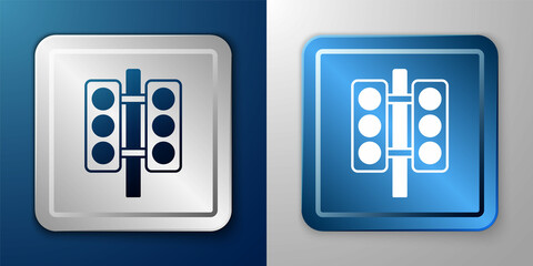 White Racing traffic light icon isolated on blue and grey background. Silver and blue square button. Vector