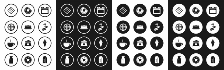Set Oven, Cake, Homemade pie, Waffle, Macaron cookie, Donut, Pastry bag and Coffee cup icon. Vector