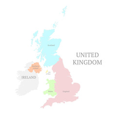 United Kingdom map. Detailed outline and silhouette. The four countries of the United Kingdom. England, Scotland, Wales, Northern Ireland and Isle of Man. All isolated on white background.