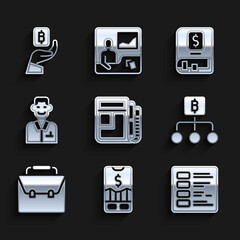 Set Stock market news, Mobile stock trading, Business finance report, Blockchain technology Bitcoin, Briefcase, Trader, Financial book and Hand holding icon. Vector