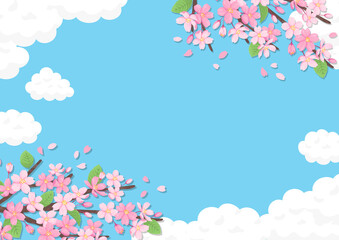 桜の咲く青空の風景のイラスト　デザイン用の背景素材　ベクター画像