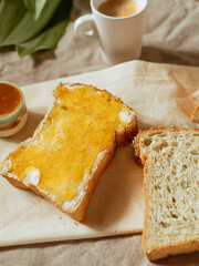 toast breakfast with jam and coffee