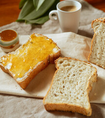 toast breakfast with jam and coffee