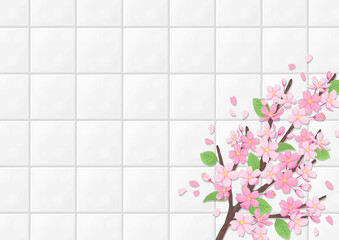 桜の花のイラストを装飾した春のデザイン背景用の素材　白いタイル地